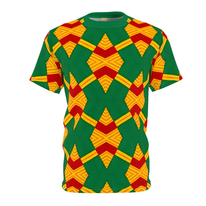 Women Bold Green, Red & Gold African Kente-Inspired Pattern  All-Over Print Tee
