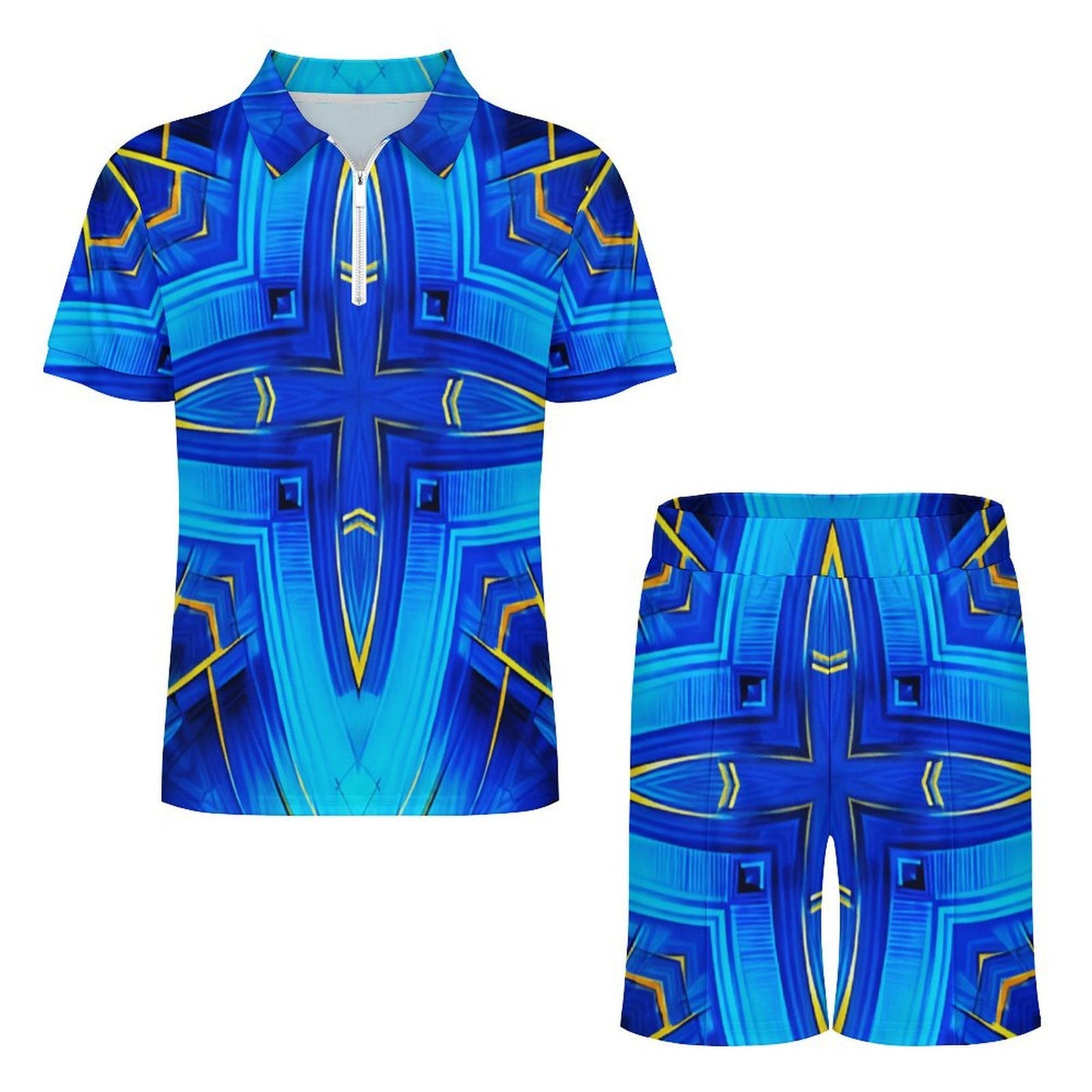 Men Vibrant Blue Geometric All-Over Print Zip-Up Polo Set
