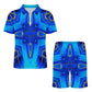 Men Vibrant Blue Geometric All-Over Print Zip-Up Polo Set