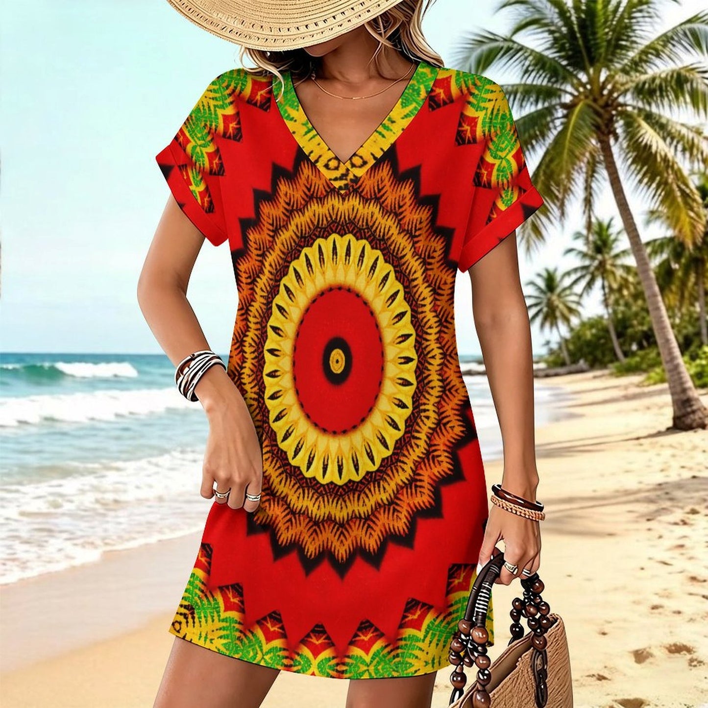 Women's Red Tribal Kaleidoscope Pattern All Over Print  Casual V-Neck Dress with Rolled Cuffs