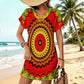 Women's Red Tribal Kaleidoscope Pattern All Over Print  Casual V-Neck Dress with Rolled Cuffs