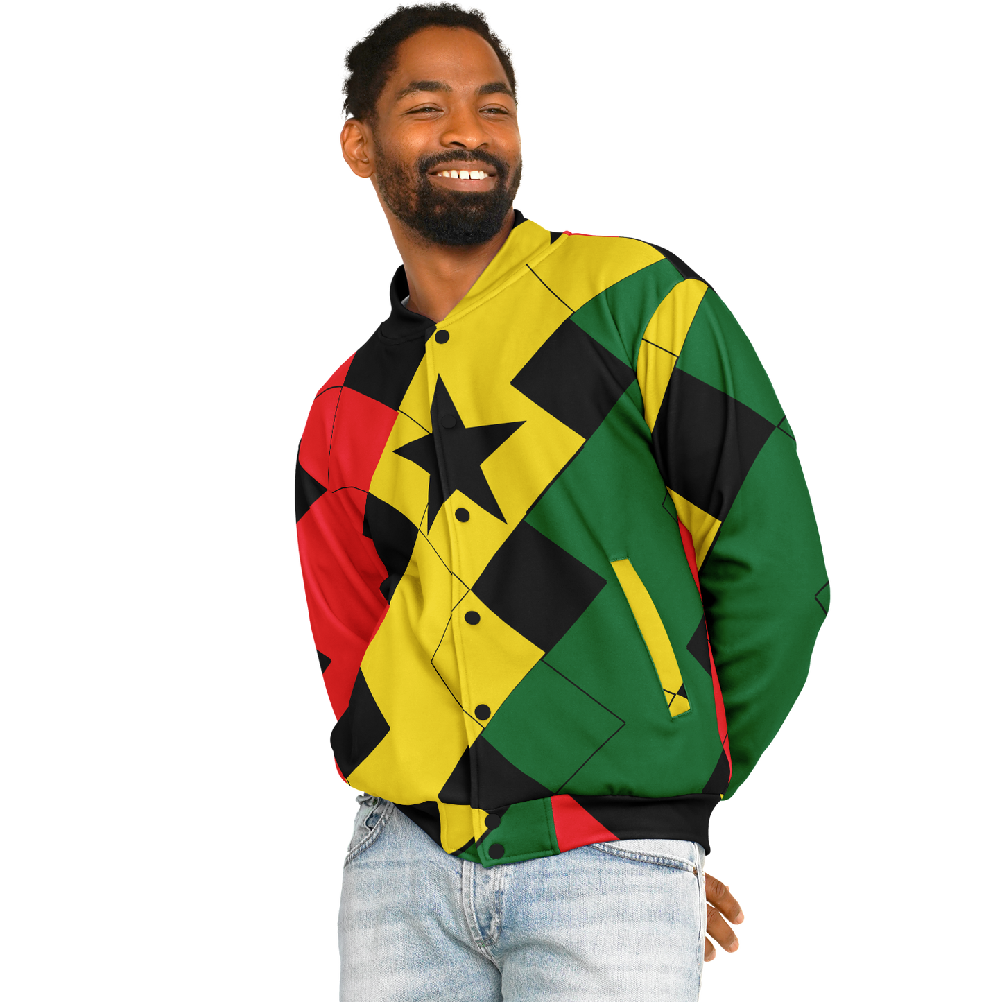 Men's Ghana Flag & Black Star Pattern All-Over Print Baseball Jacket