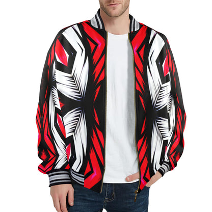 Men's Abstract Red, White & Black Pattern All-Over Print All Over Print Men's Striped Trim Bomber Jacket