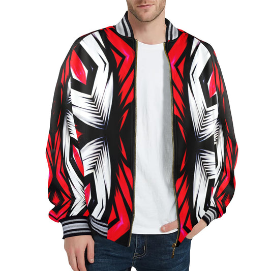 Men's Abstract Red, White & Black Pattern All-Over Print All Over Print Men's Striped Trim Bomber Jacket