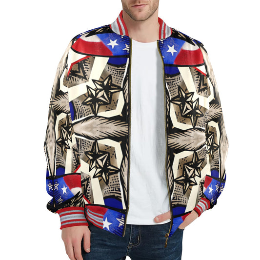 Men's Patriotic Star Kaleidoscope Pattern All-Over Print Striped Trim Bomber Jacket