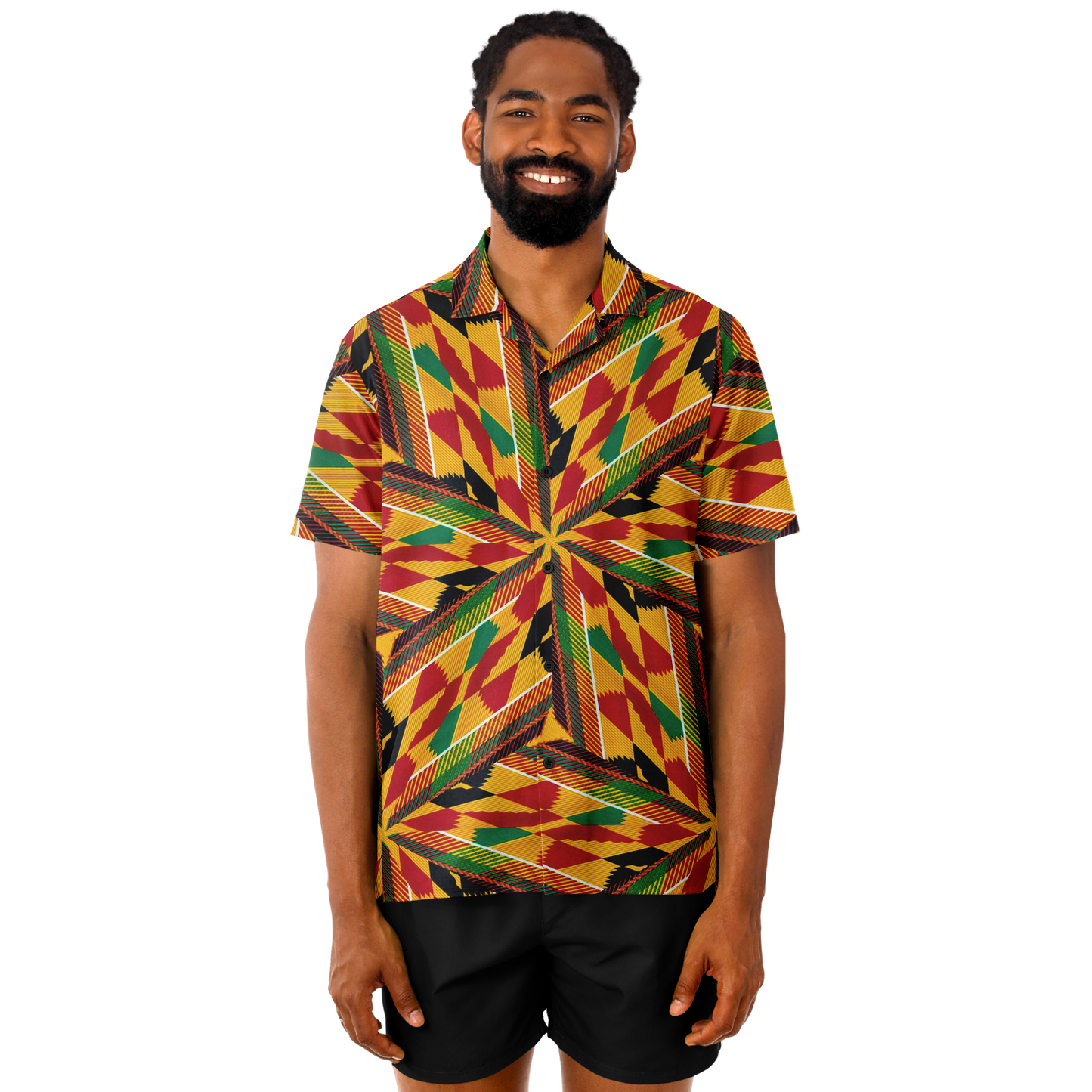Men's African Kente Geometric Pattern All-Over Print Spread Collar Short Sleeve Button-Down Shirt