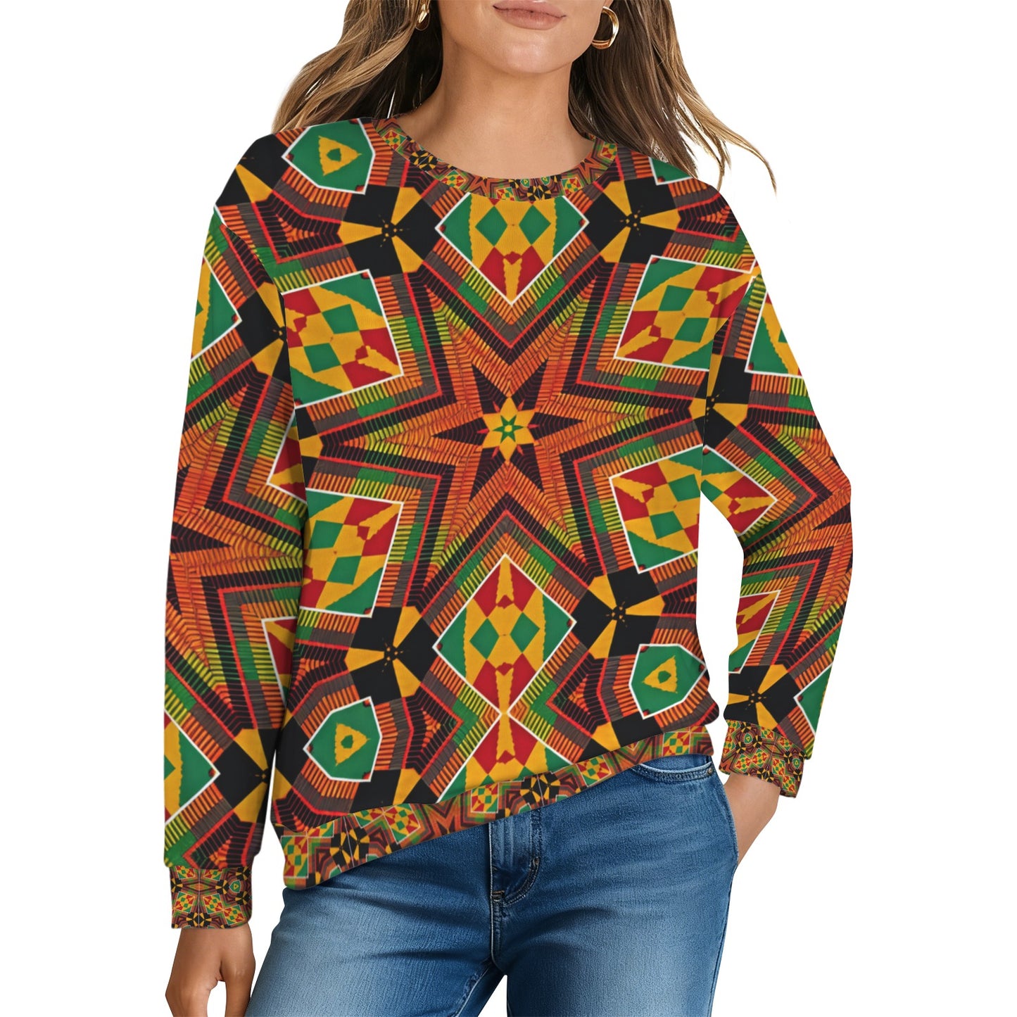 Women’s African Kente Geometric Star Pattern All-Over Print Crew Neck Sweater.