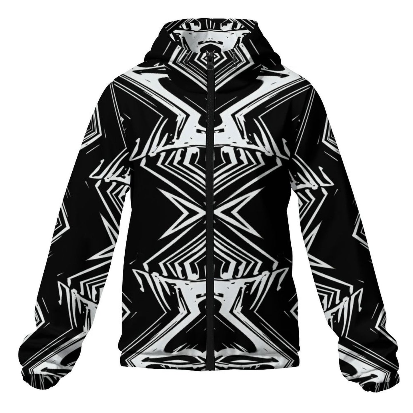 Men's Black & White Geometric Pattern All-Over Print Hooded Windbreaker Jacket