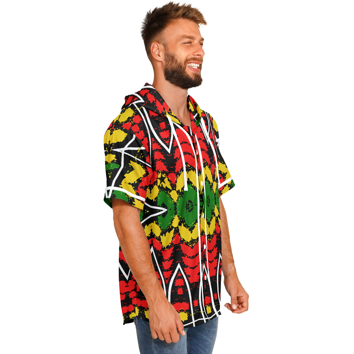 Men's Ghana Flag & Black Star Pattern All-Over Print Hooded Baseball Jersey