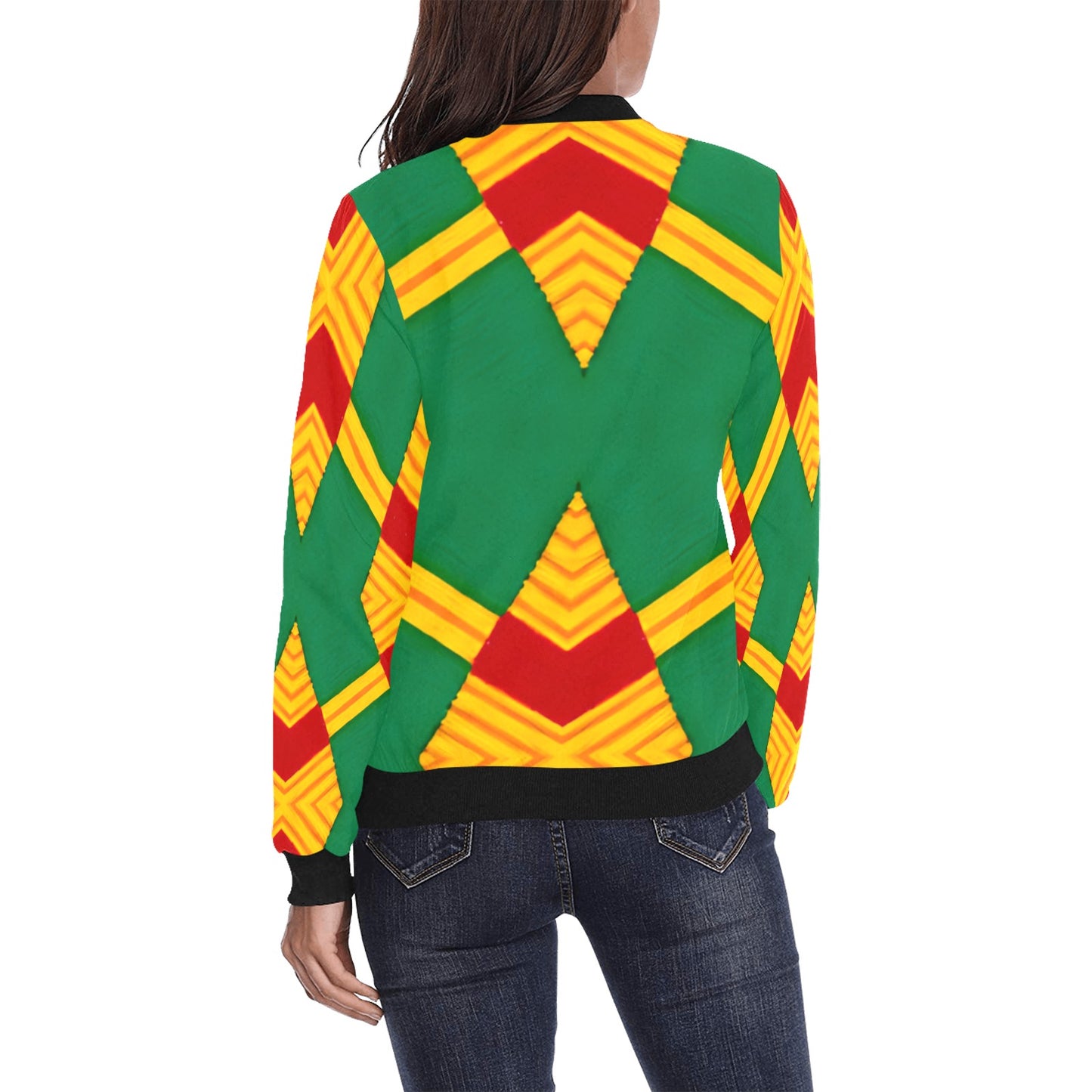 Women Bold Green, Red & Gold African Kente-Inspired Pattern All-Over Print Bomber Jacket