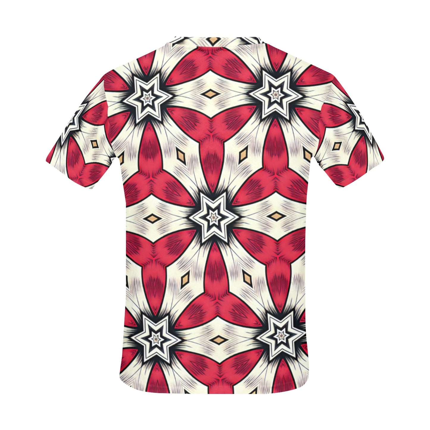 Men's Red & White Geometric Star Pattern All Over Print All Over Print Crew Neck T-Shirt