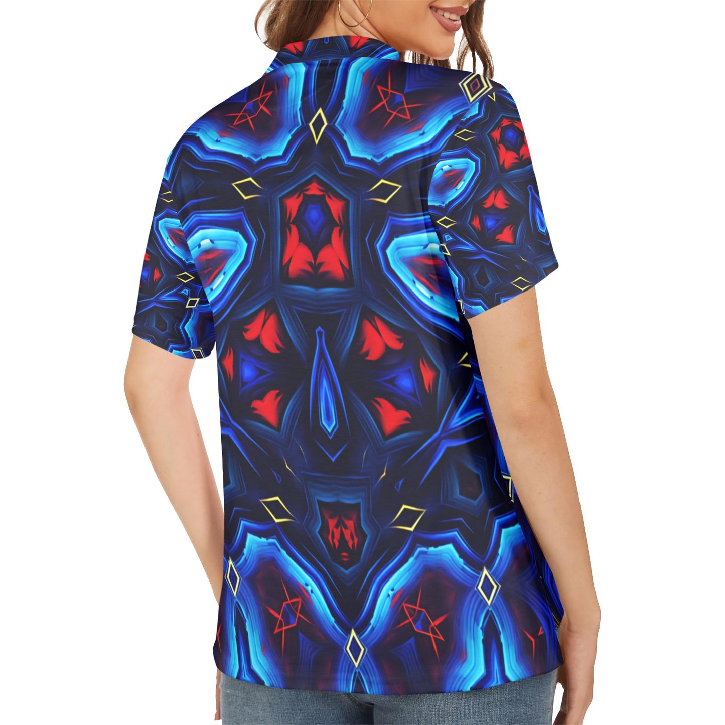Women's Blue & Red Kaleidoscope Pattern All Over Print Polo Shirt