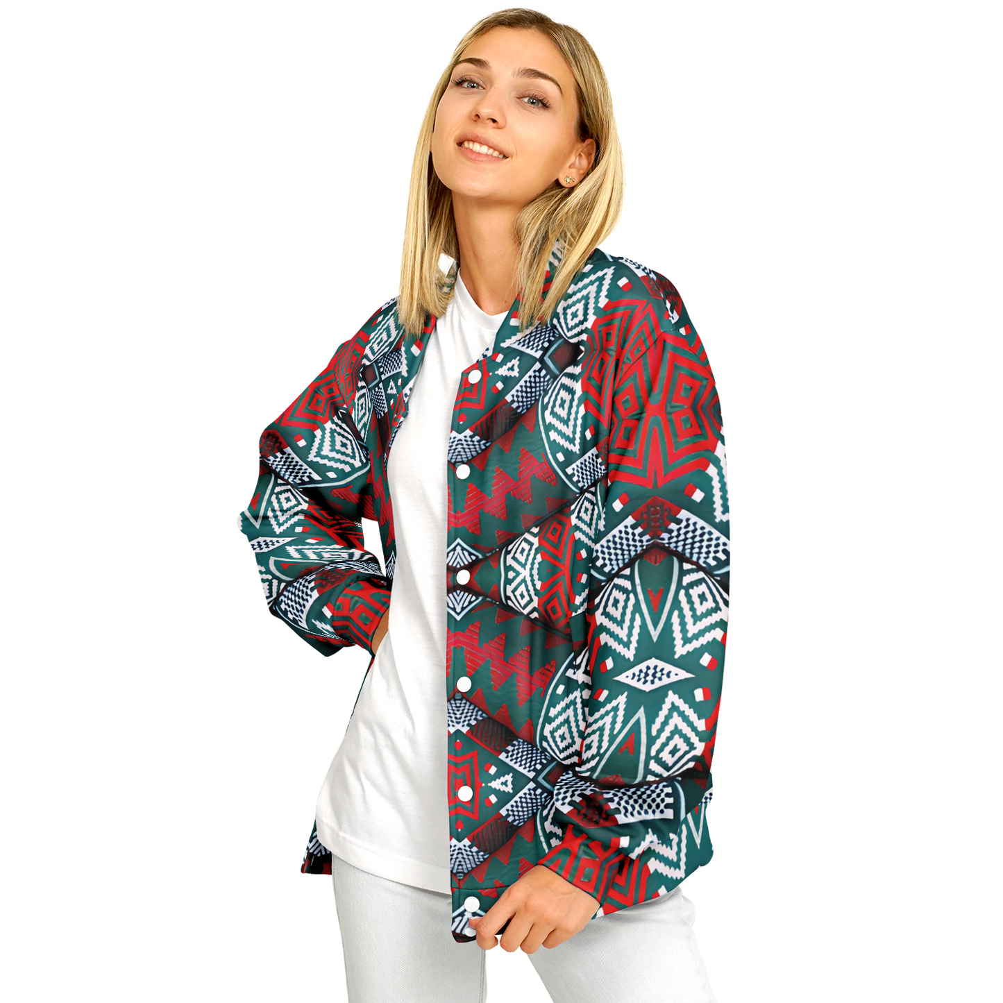 Women's Red, Green & White Teal Aztec Geo Pattern All-Over Print Baseball Jacket