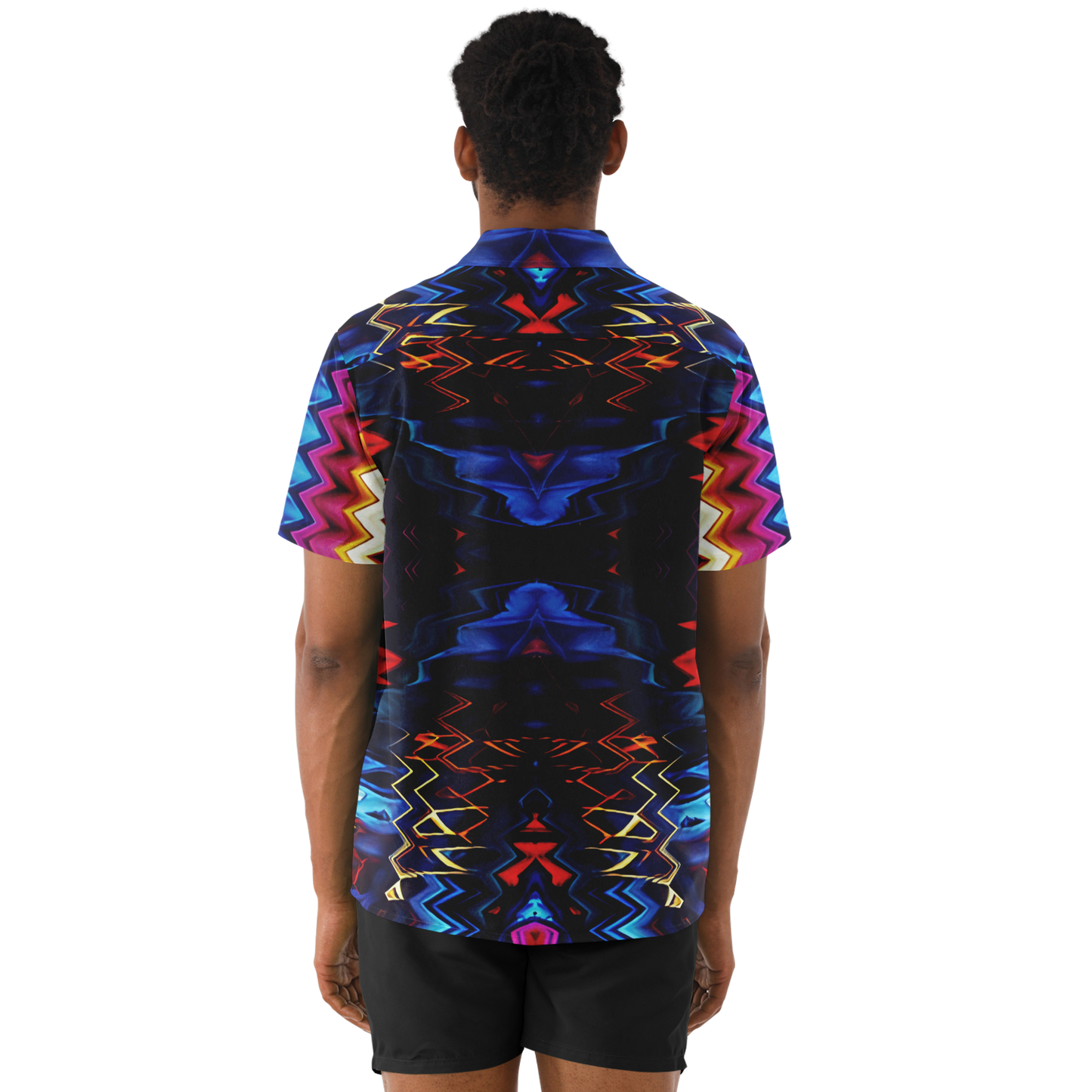Men's Blue & Red Kaleidoscope Pattern All Over Print Spread Collar Short Sleeve Button-Down Shirt