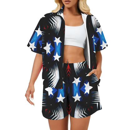 Women's Patriotic Starburst Pattern All-Over Print Men's All Over Print Windbreaker Short Set