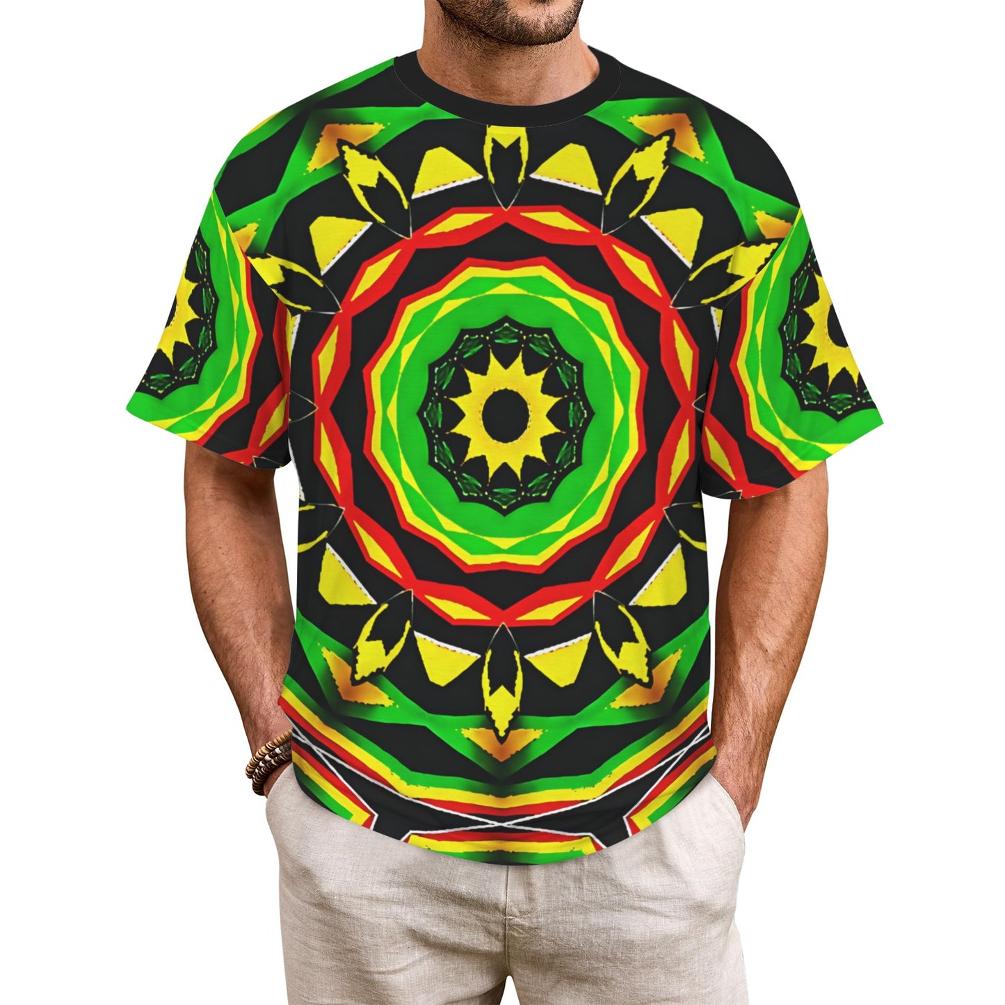Men's Psychedelic Bold Reggae Colors All Over Print Ribbed Collar T-Shirt