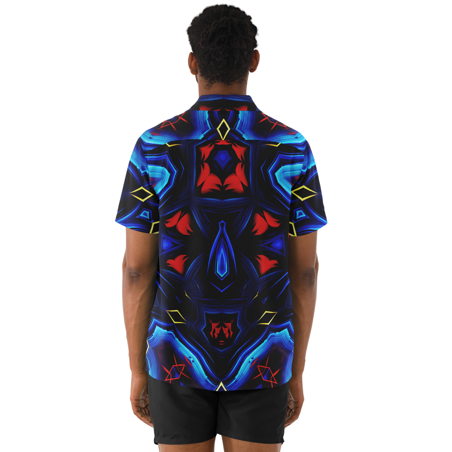 Men's Blue & Red Kaleidoscope Pattern All Over Print Spread Collar Short Sleeve Button-Down Shirt