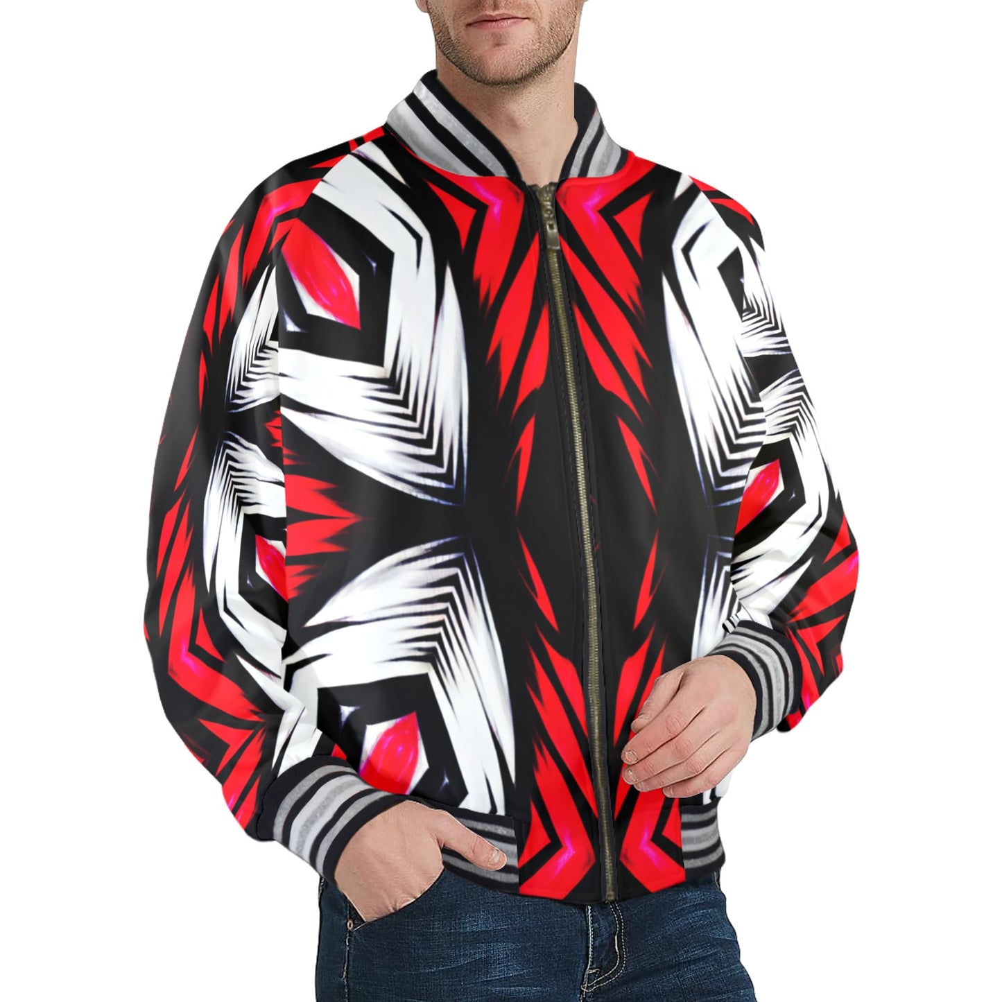 Men's Abstract Red, White & Black Pattern All-Over Print All Over Print Men's Striped Trim Bomber Jacket