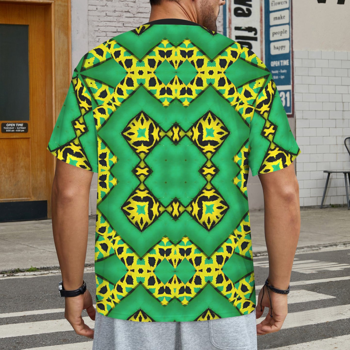 Men's Bold Green & Yellow Kaleidoscope Pattern All-Over Print Ribbed Collar T-Shirt