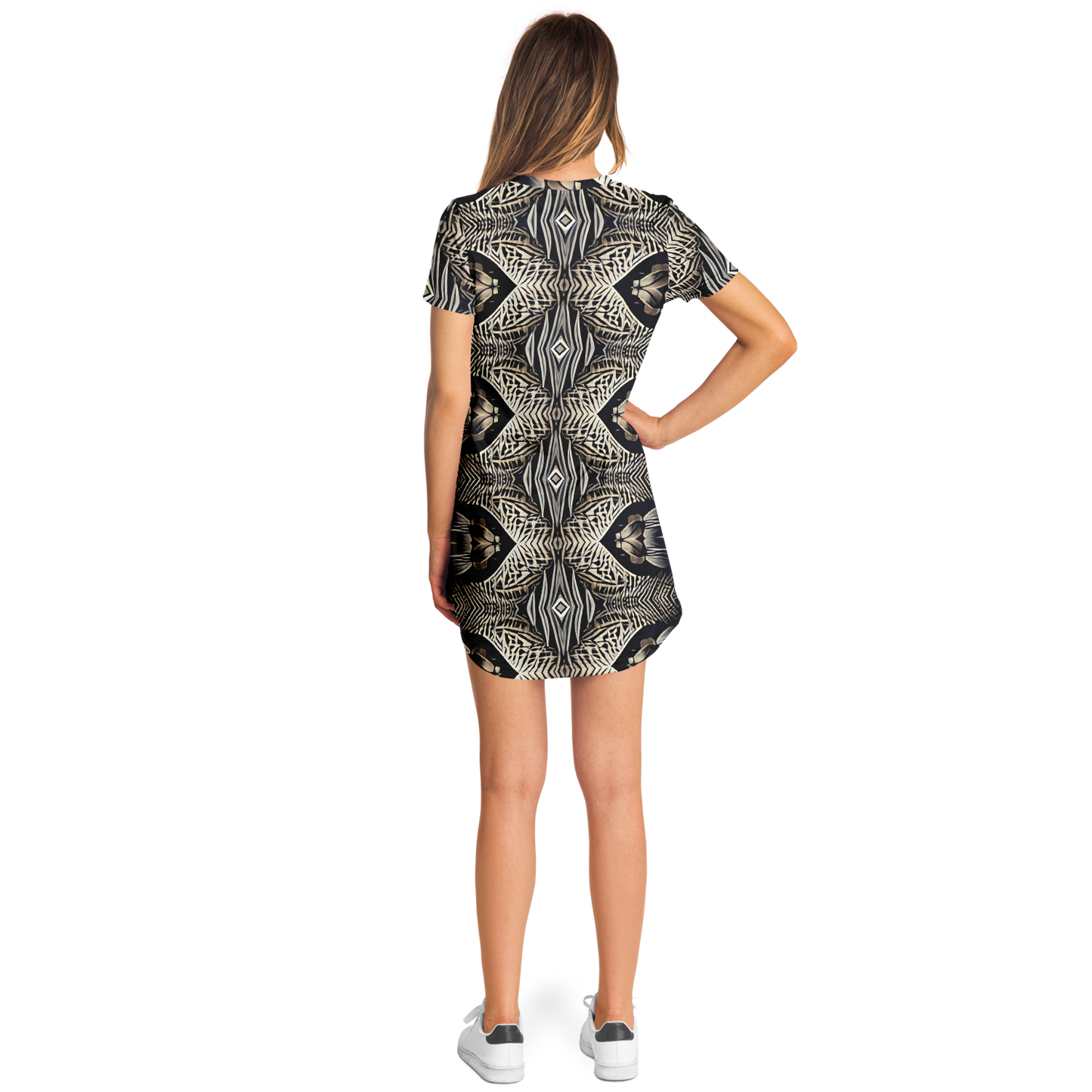 Women's Monochrome Geometric Kaleidoscope Pattern All Over Print T-Shirt Dress