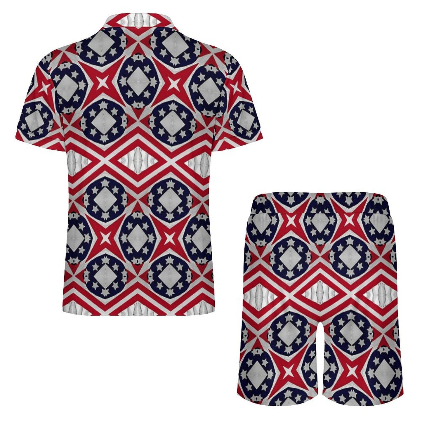Men's Patriotic Red White Blue Geometric Zip-Up Polo Set