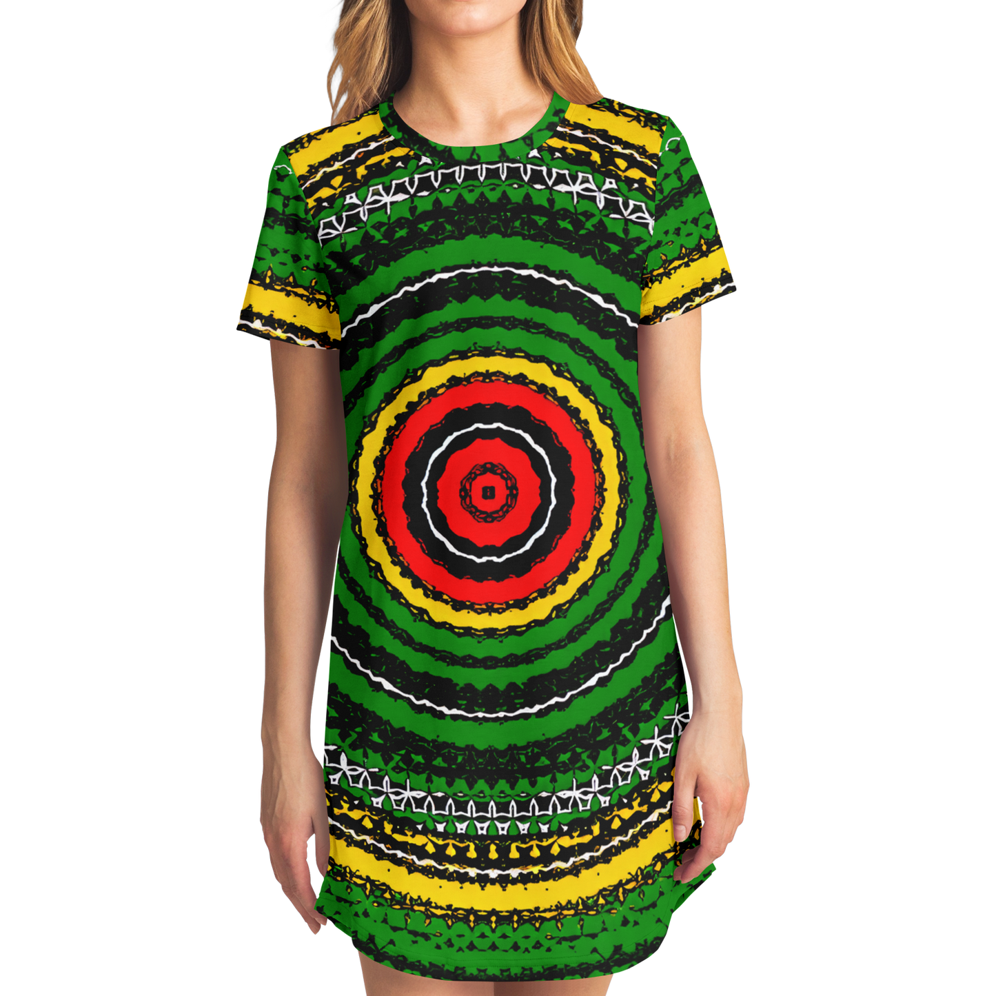 Women's Green Striped with Vibrant Accent Pattern All Over print T-Shirt Dress