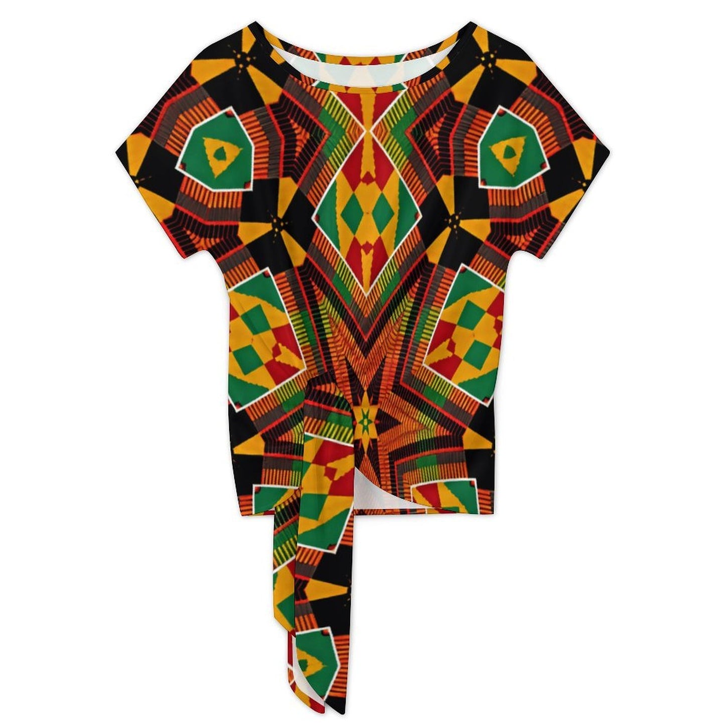 Women's African Kente Geometric Star Pattern All-Over Print Side-Tie Short Sleeve Top & Wide-Leg Pants Set
