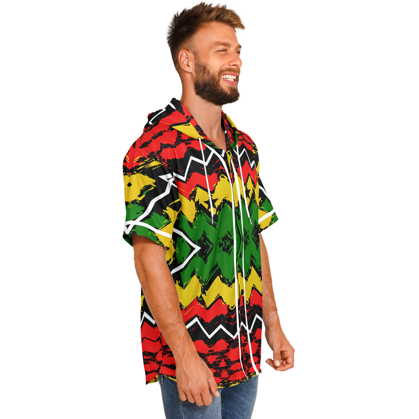 Men's Ghana Flag & Black Star Pattern All-Over Print Hooded Baseball Jersey
