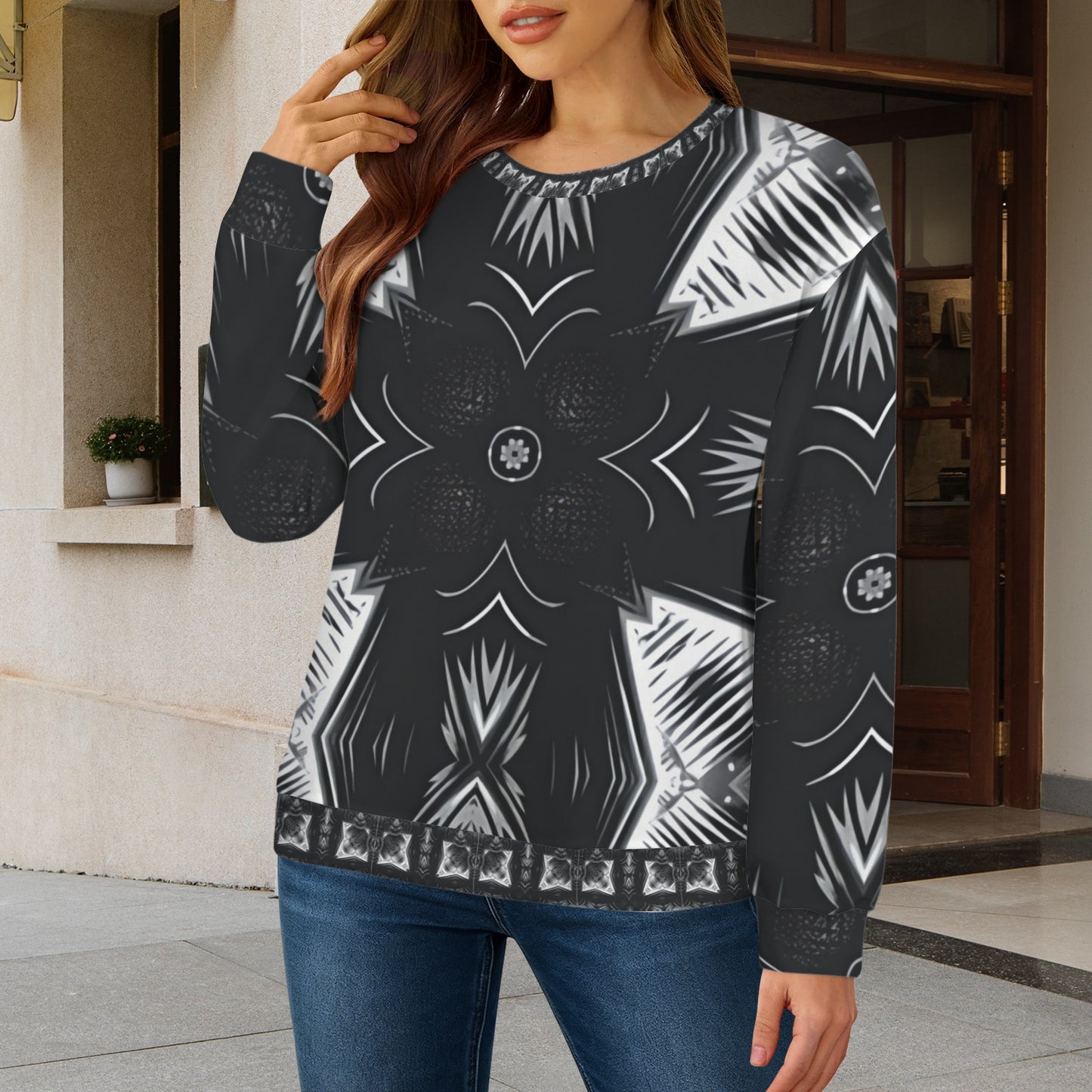 Women's Black & White Kaleidoscope Pattern All Over Print Crew Neck Sweater