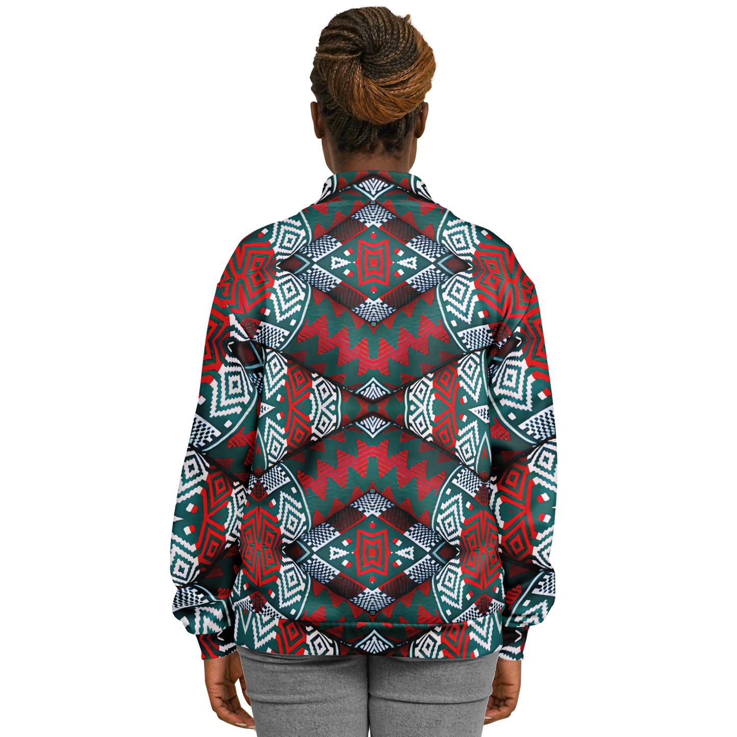 Women's Red, Green & White Teal Aztec Geo Pattern All-Over Print Baseball Jacket
