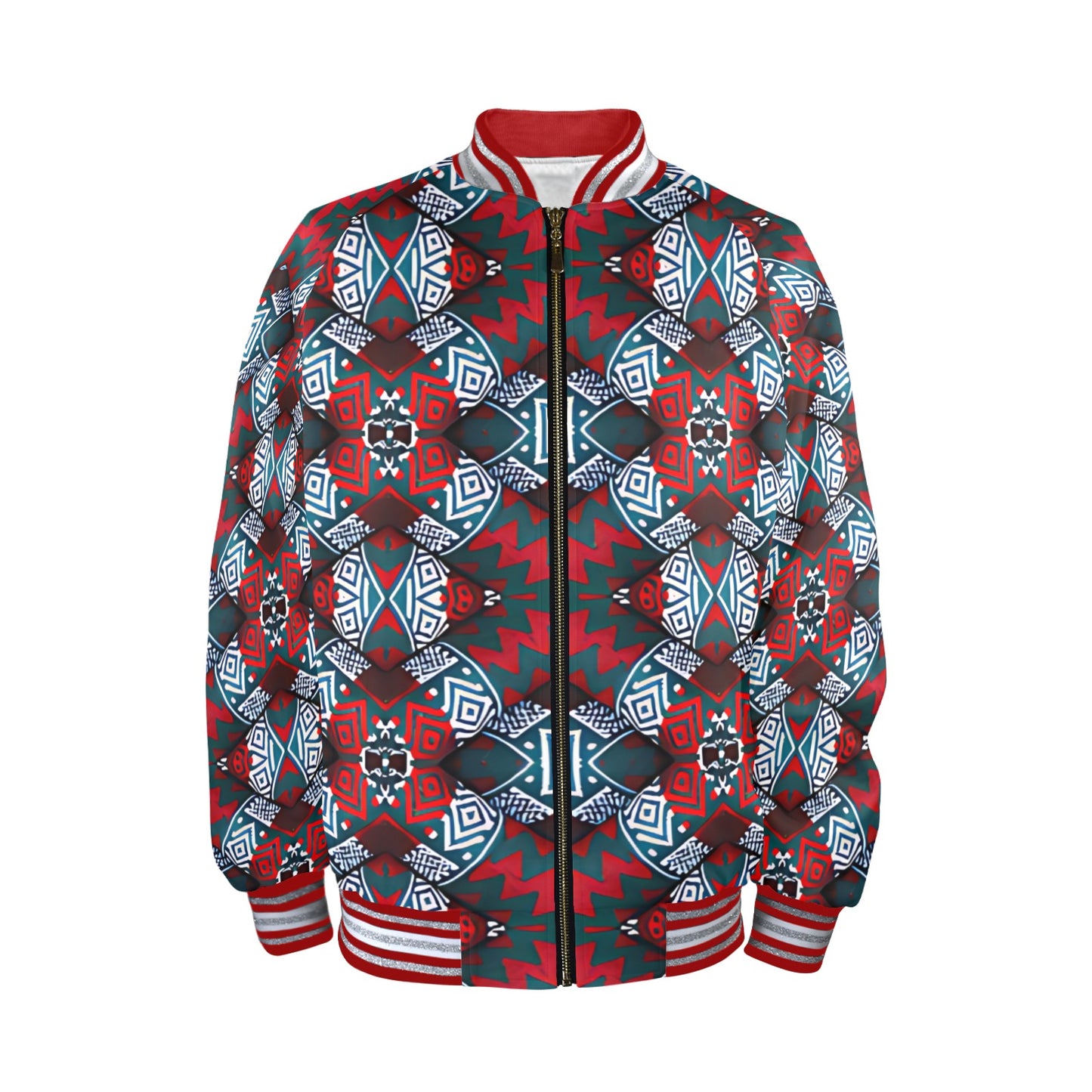 Men's Red, Green & White Teal Aztec Geo Pattern All-Over Print Striped Trim Bomber Jacket