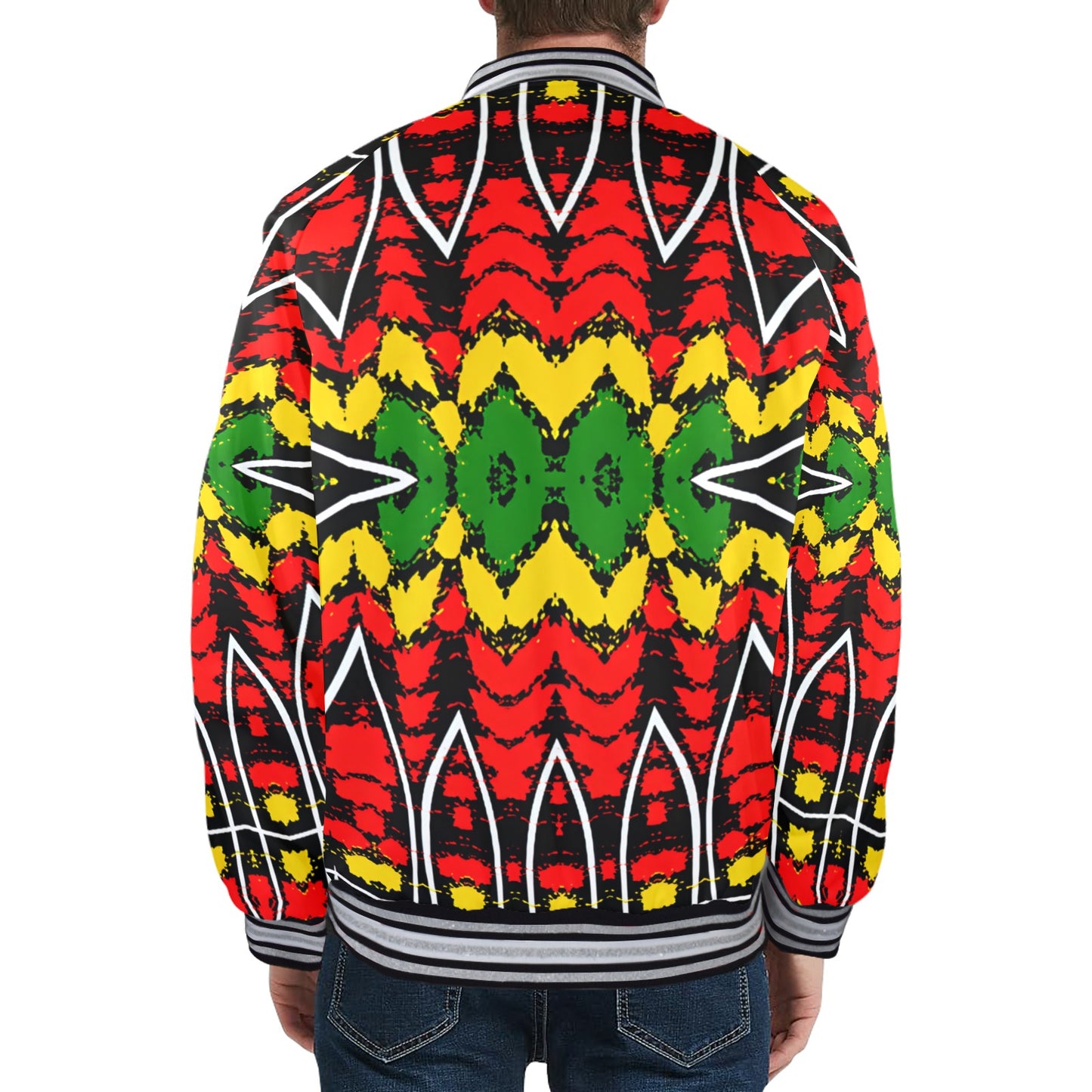 Men's Bold Red Yellow Green Rasta Pattern All Over print  Striped Trim Bomber Jacket