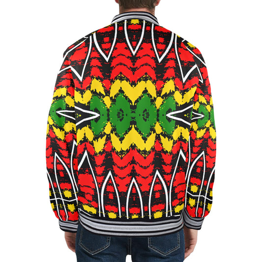 Men's Bold Red Yellow Green Rasta Pattern All Over print Striped Trim Bomber Jacket