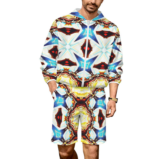 Men's Vibrant Kaleidoscope Geo Pattern All-Over Print Lightweight Sun Hoodie & Shorts Set
