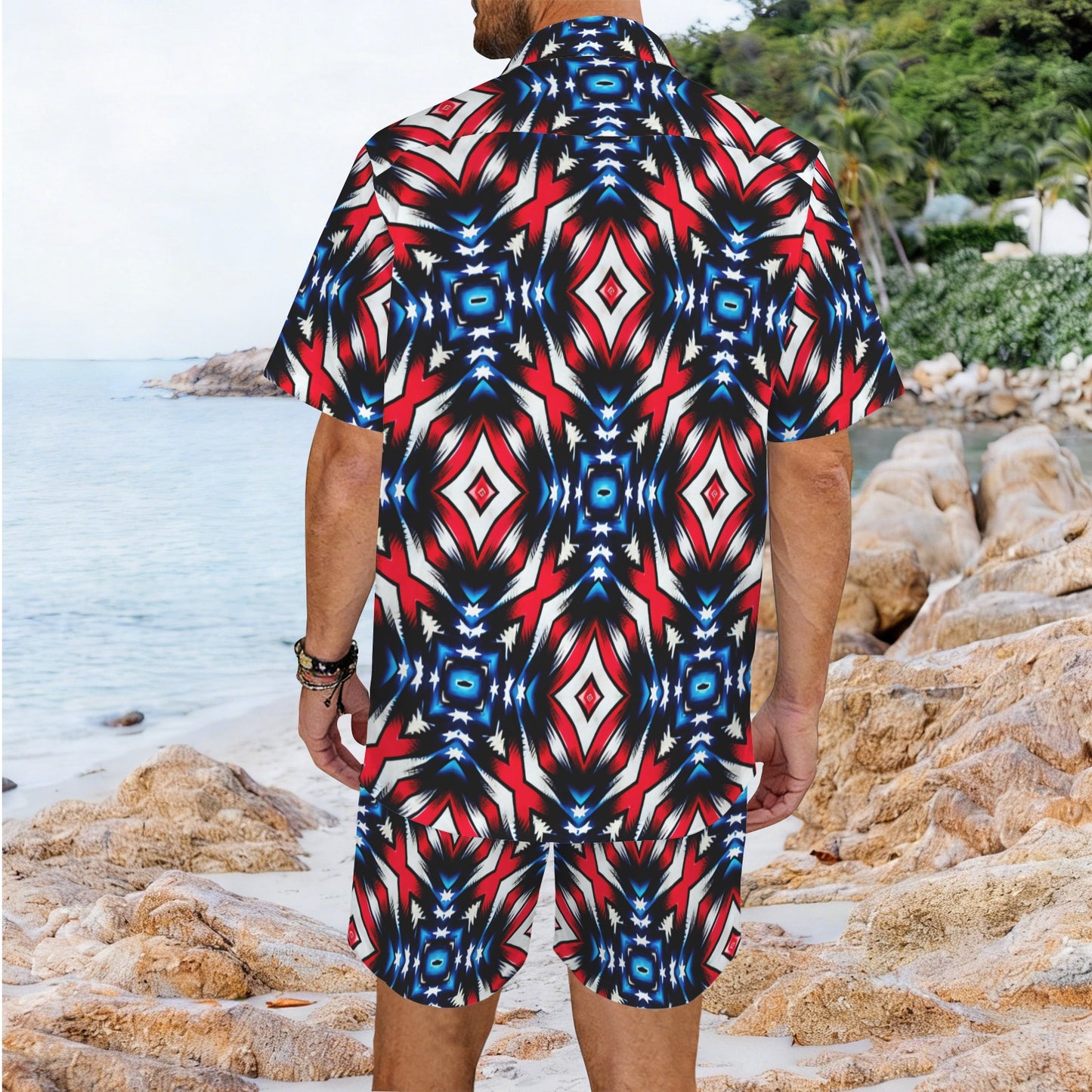 Men's Red White Blue Geometric Pattern All-Over Print Hawaiian Shirt & Shorts Set