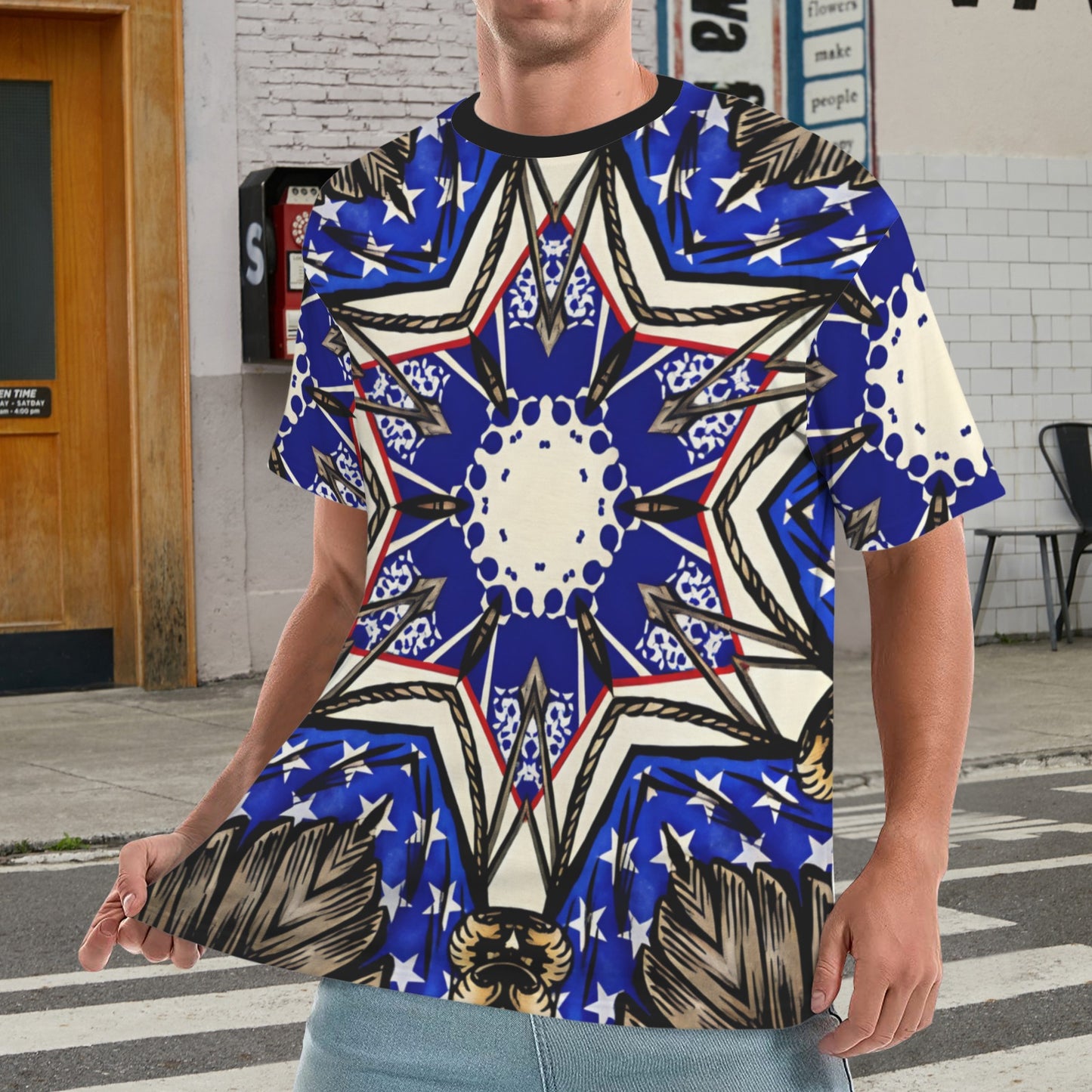 Men's Kaleidoscope Star Pattern All-Over Print Cut & Sew Ribbed Collar T-Shirt