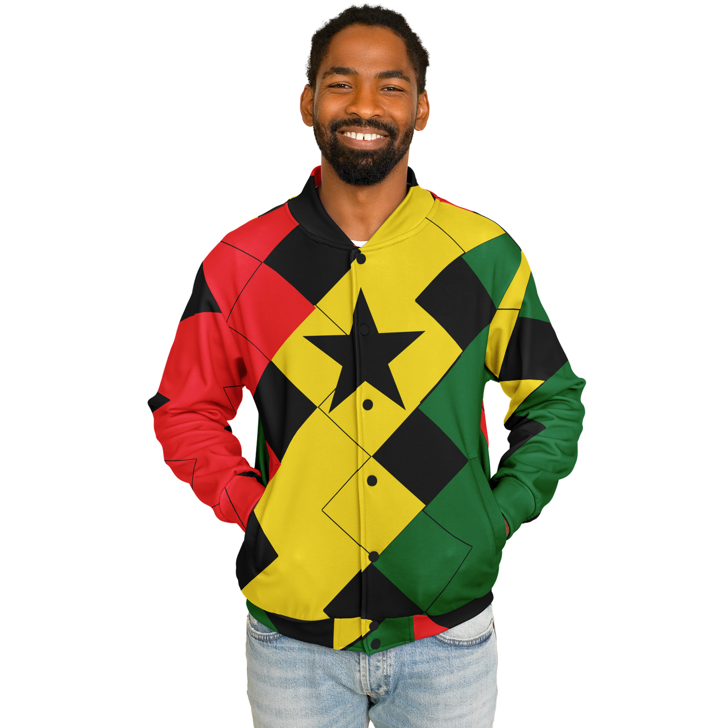 Men's Ghana Flag & Black Star Pattern All-Over Print Baseball Jacket