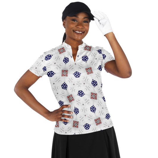 Women's White Blue & Red Patterned Stand Up Collar Polo Shirt