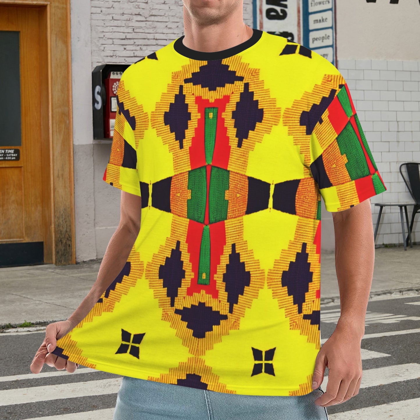 Men's Bold African Print Pattern All Over Print Cut & Sew Ribbed Collar T-Shirt