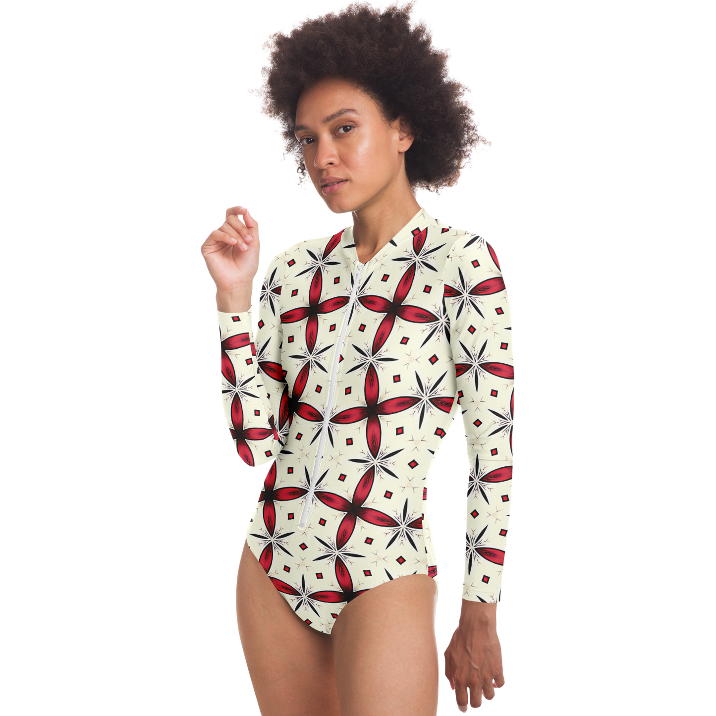 Women's Red & Black Geometric Pattern Bodysuit Long Sleeve