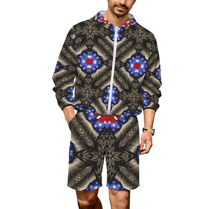 Men's Patriotic Kaleidoscope Pattern All-Over Print Lightweight Sun Hoodie & Shorts Set