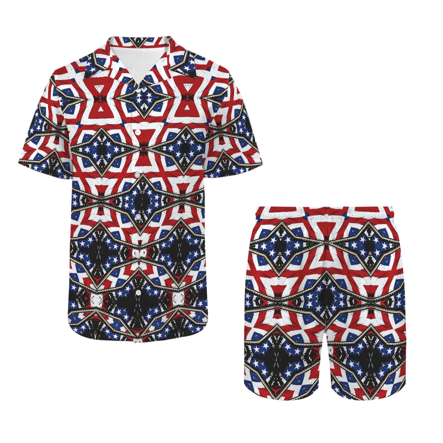 Men's Patriotic Star Kaleidoscope Pattern All-Over Print Hawaiian Shirt & Shorts Set