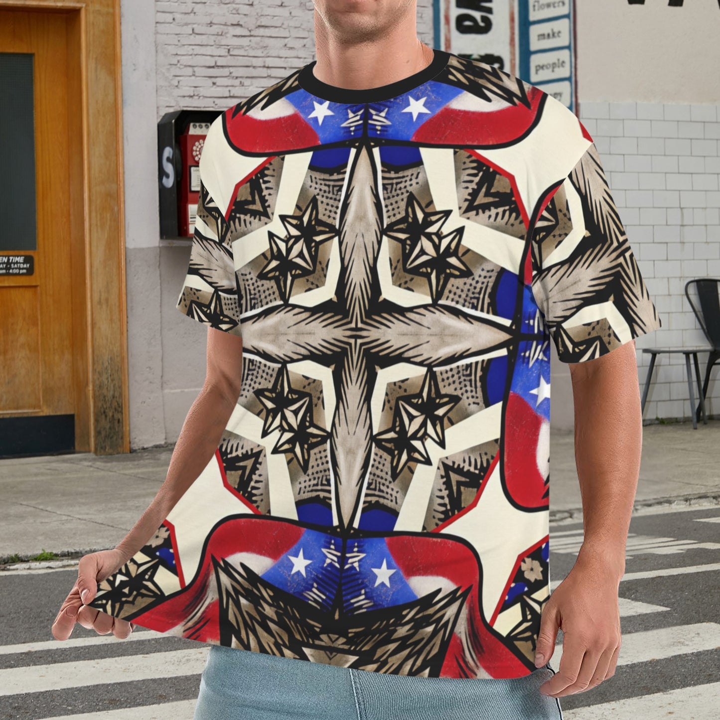 Men's Patriotic Stars & Cross Kaleidoscope Pattern All-Over Print Ribbed Collar T-Shirt