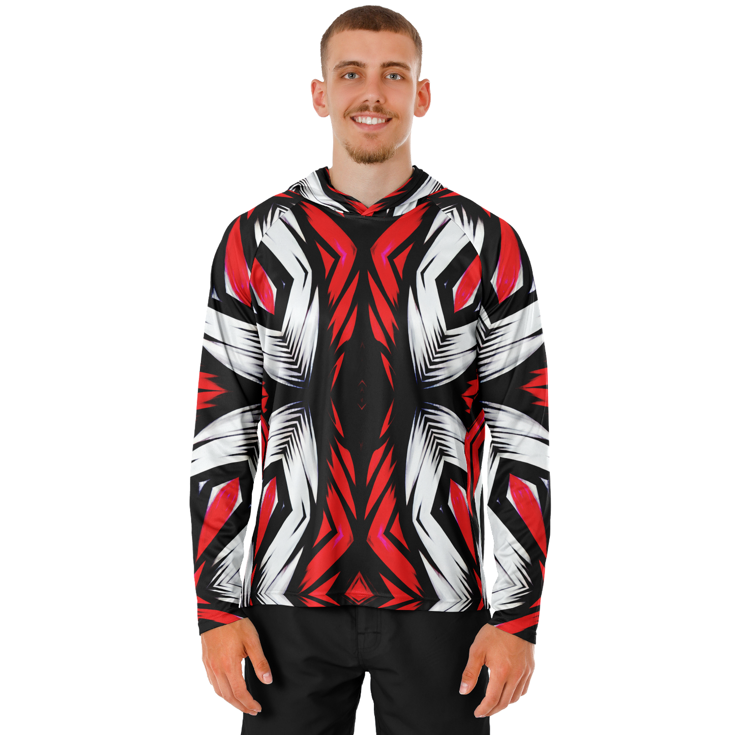 Men's Abstract Red, White & Black Pattern All-Over Print Long Sleeve Hooded Performance Shirt