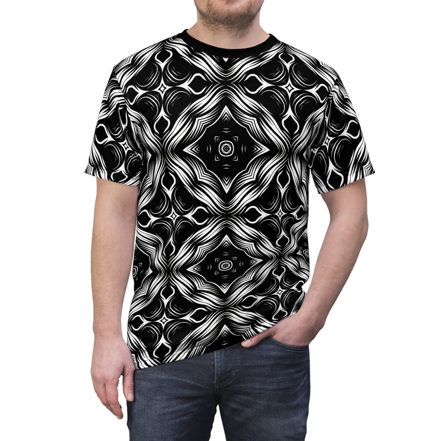 Men's Black & White Kaleidoscope Pattern All-Over Print Graphic Shirt