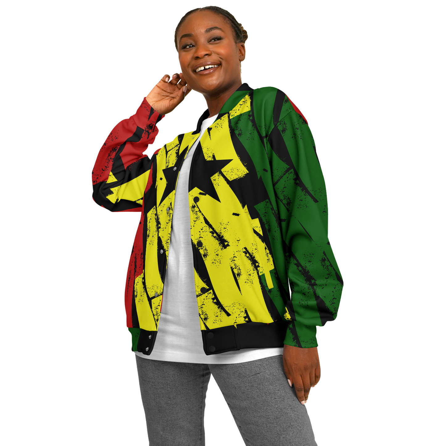 Women's Ghana Flag & Black Star Pattern All-Over Print Baseball Jacket