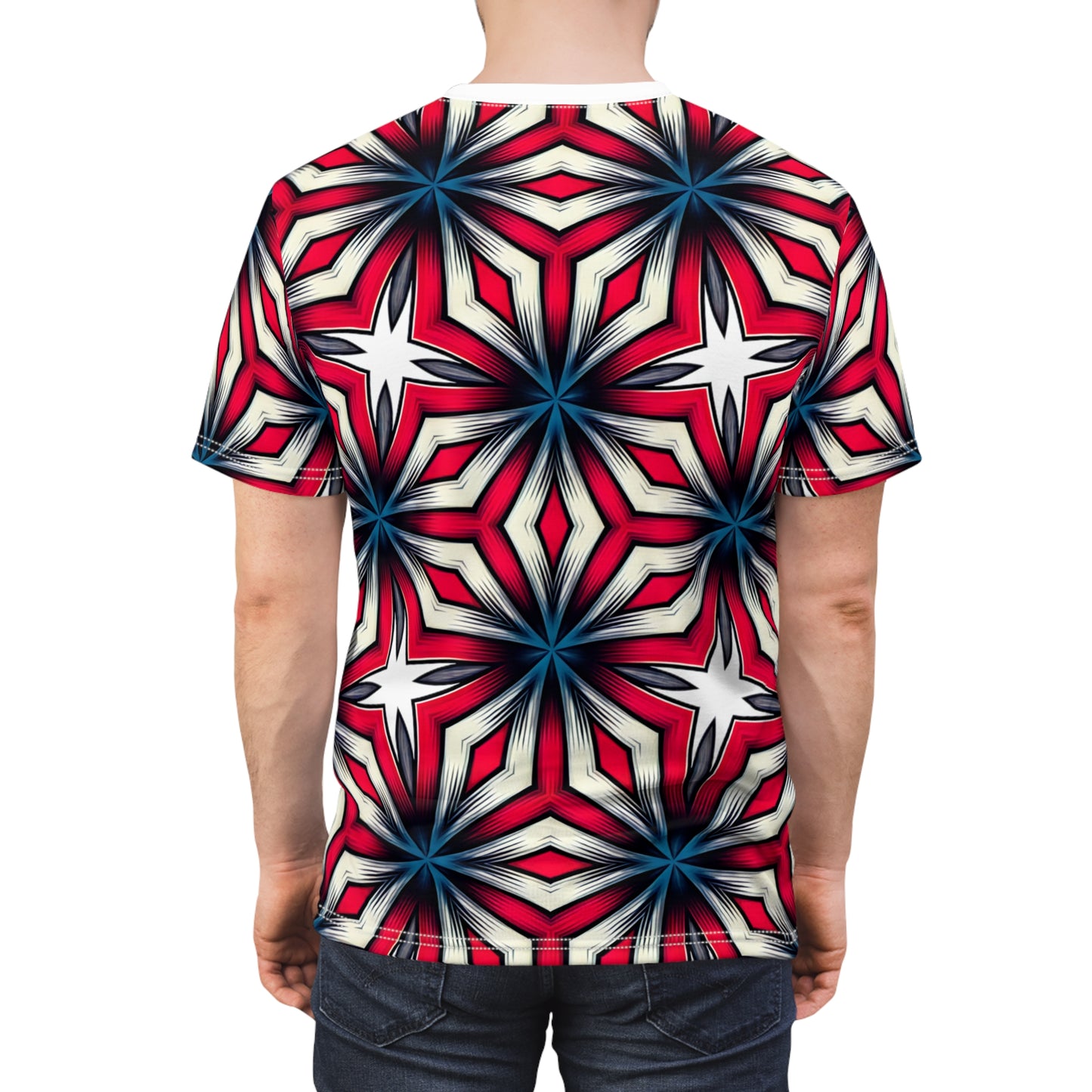 Men's Red, White & Blue Geometric Star Pattern All-Over Print Unisex Cut & Sew Tee