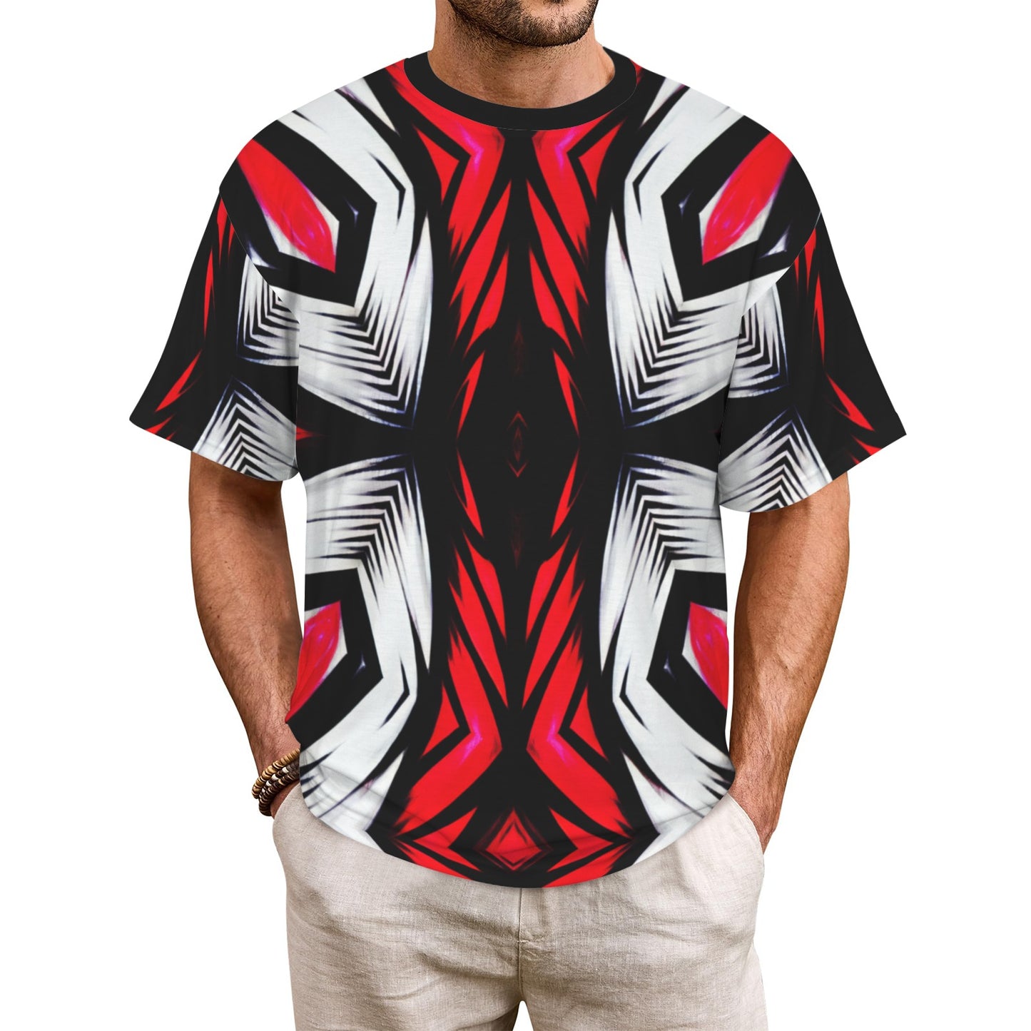 Men's Abstract Red, White & Black Pattern All-Over Print Men's All Over Print Ribbed Collar T-Shirt.
