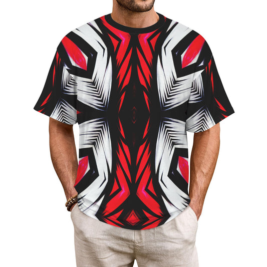 Men's Abstract Red, White & Black Pattern All-Over Print Men's All Over Print Ribbed Collar T-Shirt.
