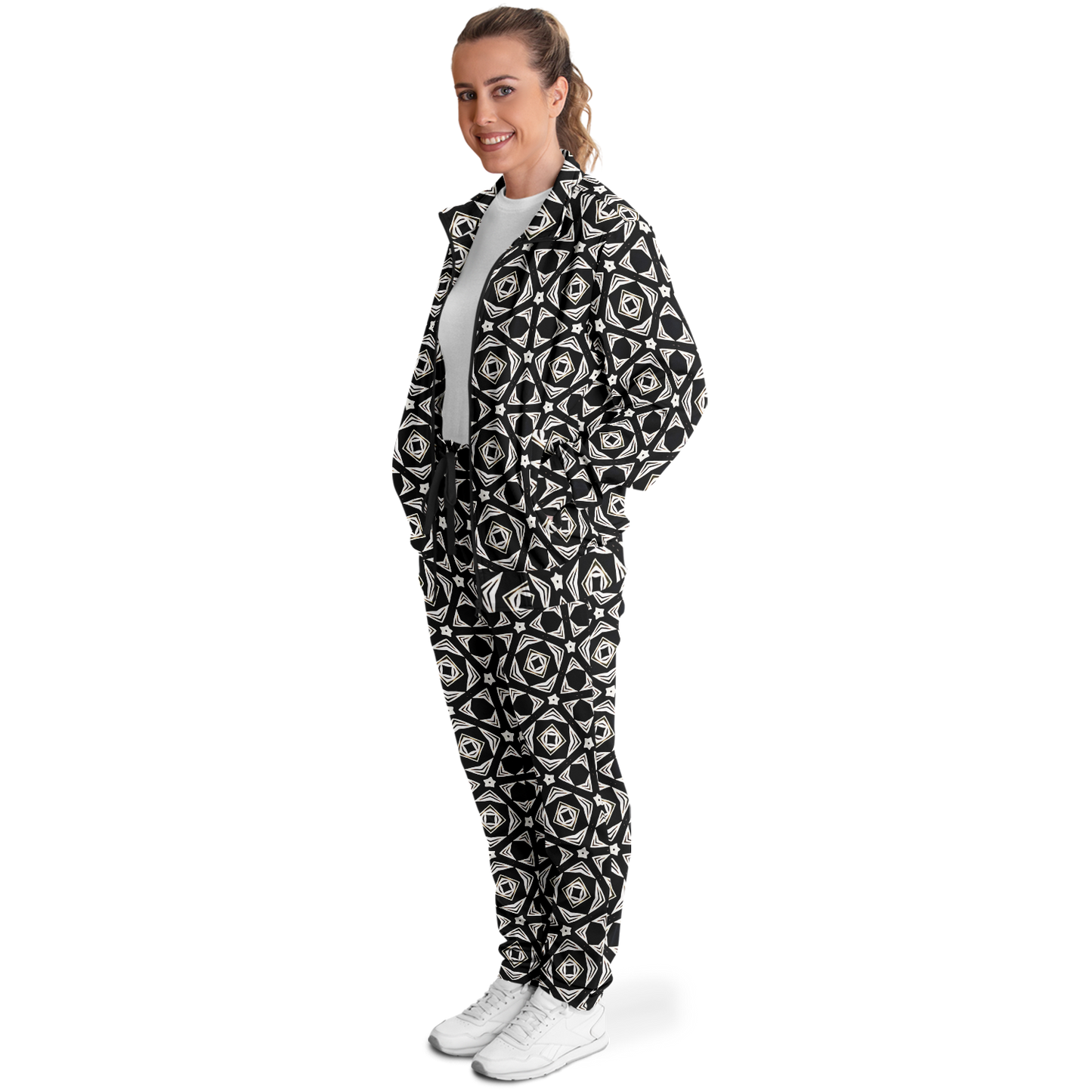 Women's Black Geometric Pattern Track Jacket and Pants